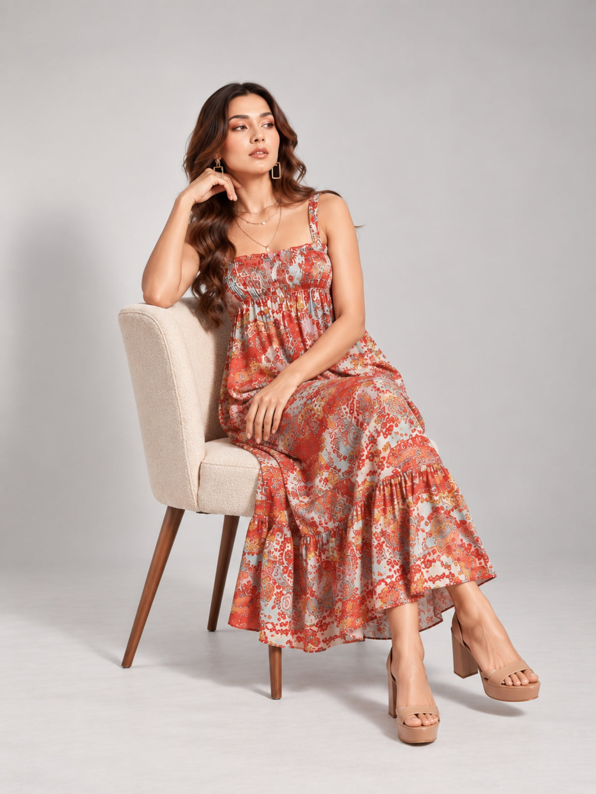 Paisley Bloom Shirred Midi Dress (Rust)