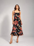 Abstract Print Shirred Midi Dress (Black)