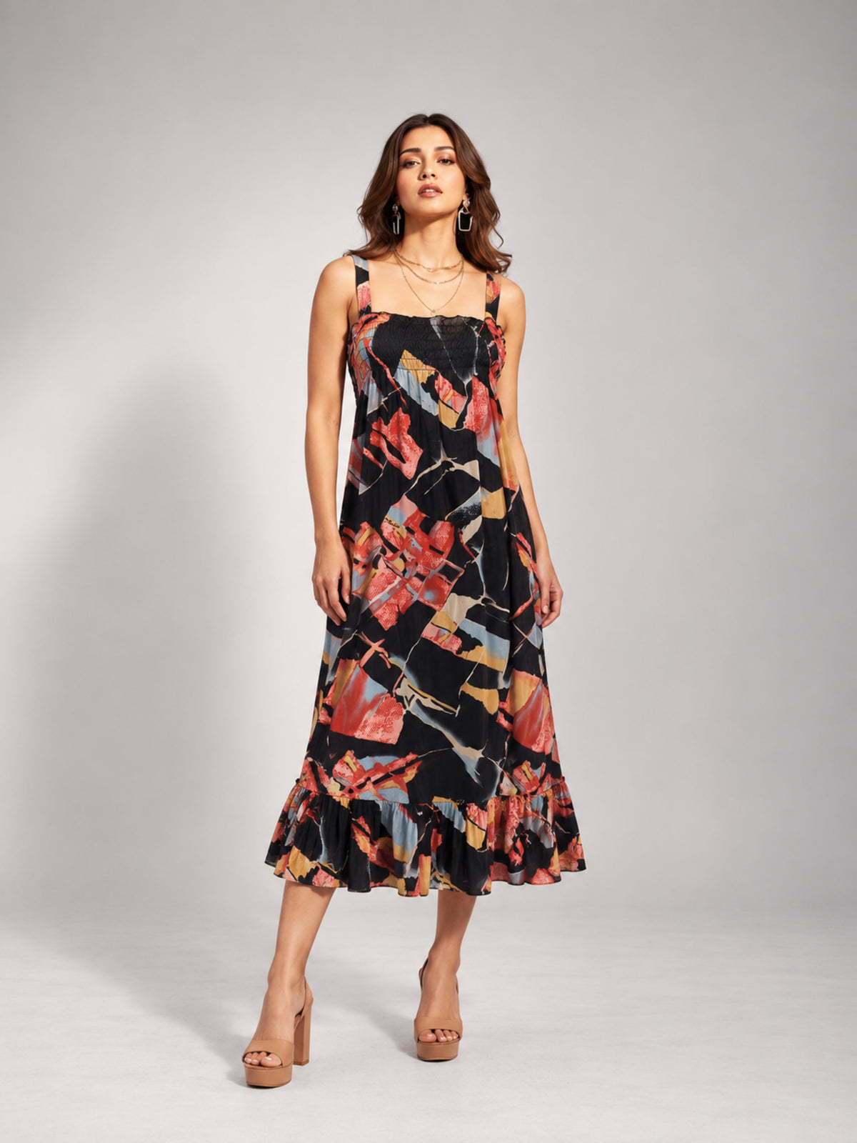Abstract Print Shirred Midi Dress (Black)