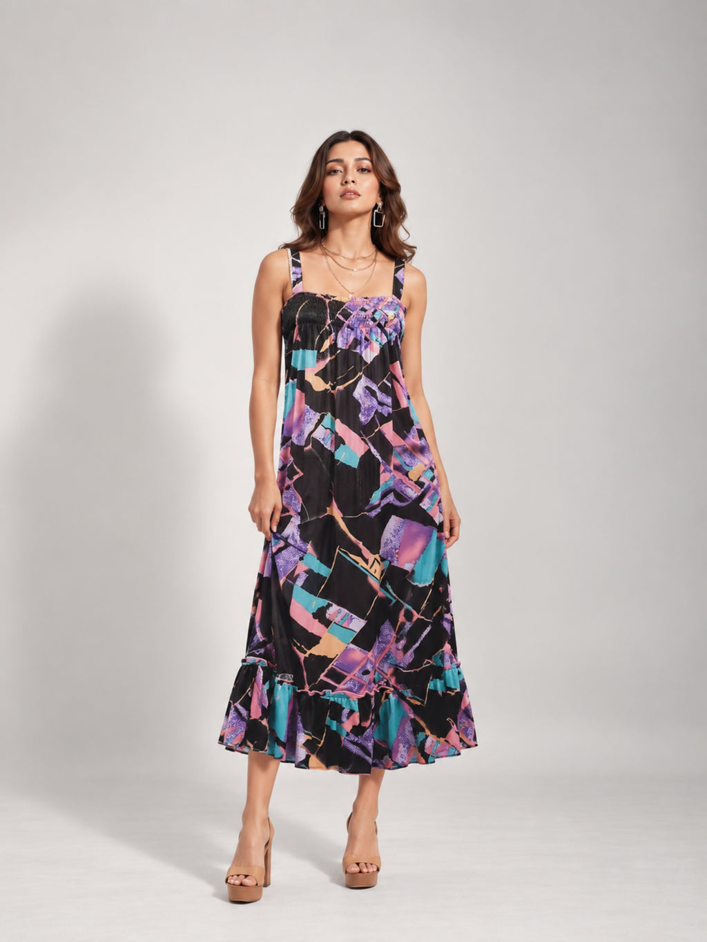 Abstract Print Shirred Midi Dress (Purple)