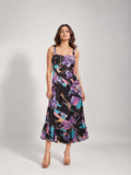Abstract Print Shirred Midi Dress (Purple)