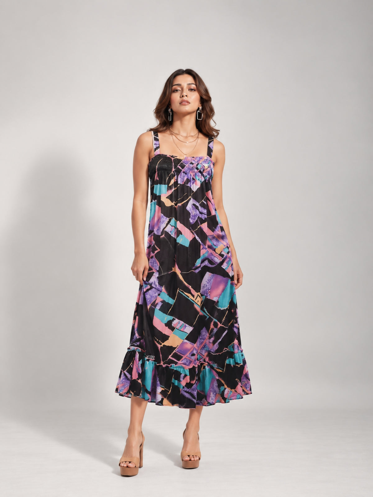 Abstract Print Shirred Midi Dress (Purple)