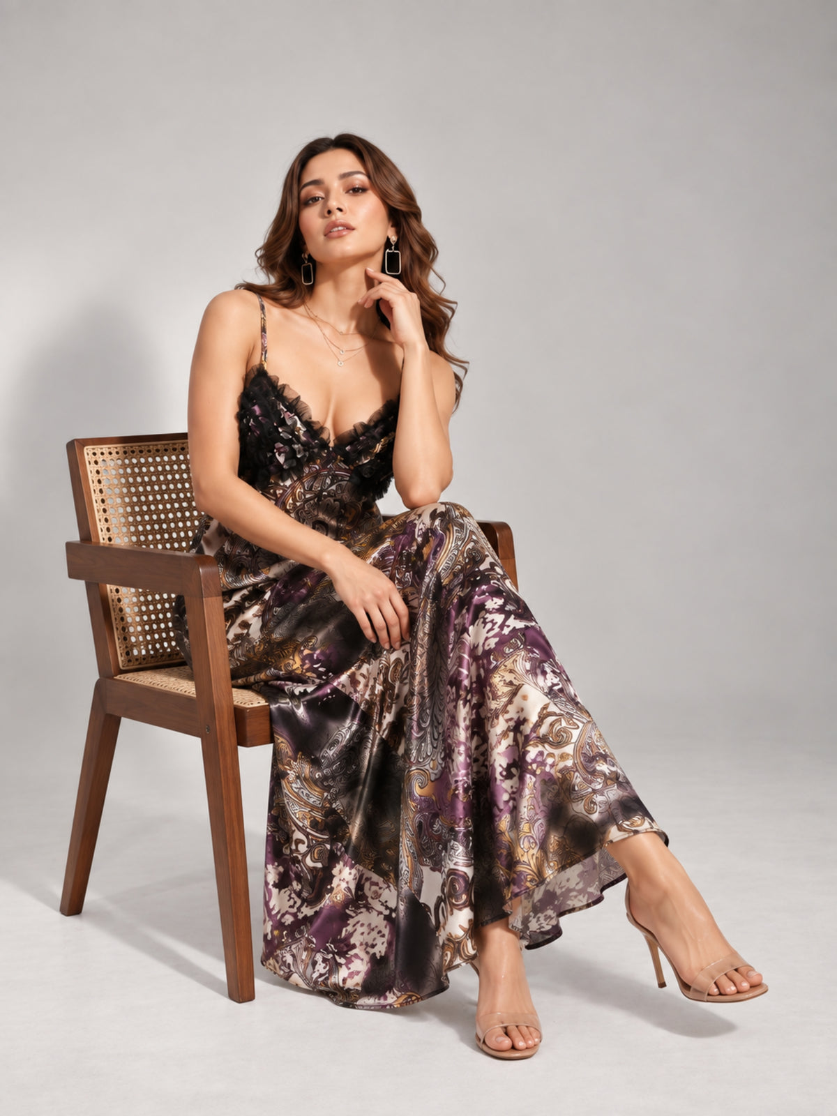 Abstract Print Shirred Midi Dress (Purple)