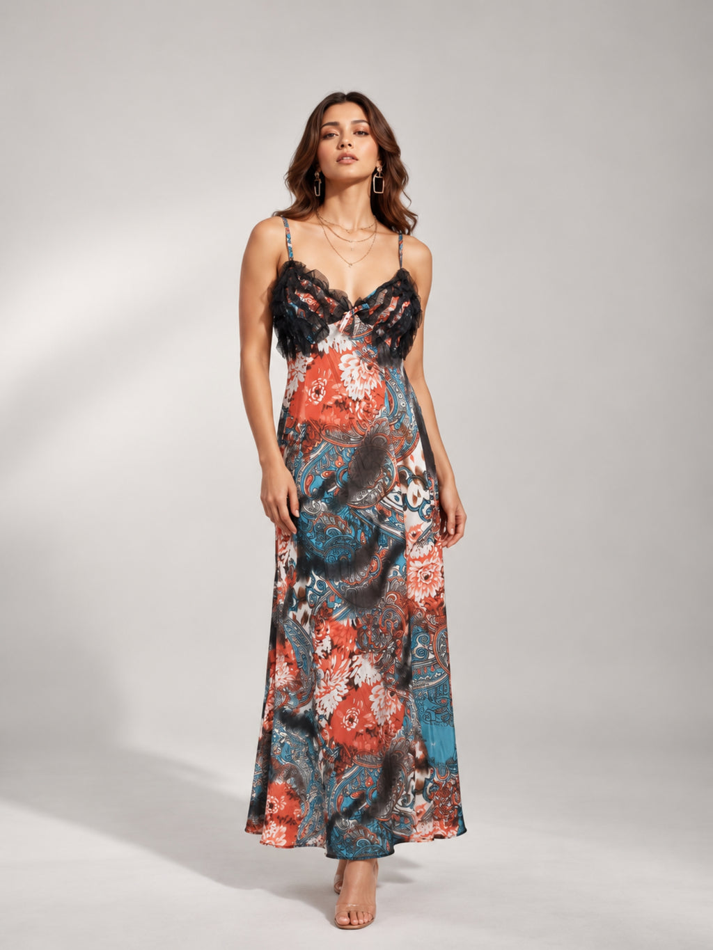 Paisley Floral Ruffle Trim Cami Maxi Dress