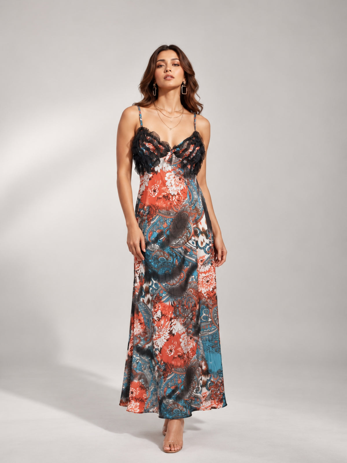 Paisley Floral Ruffle Trim Cami Maxi Dress