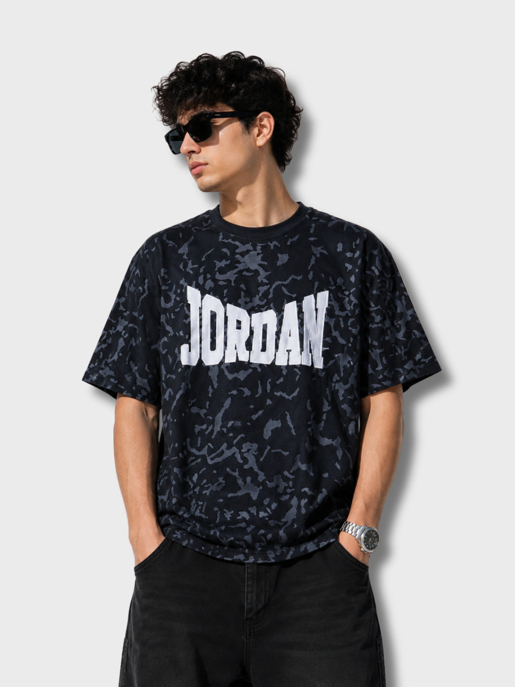 Black Tie-Dye Jordan Print Oversized T-Shirt