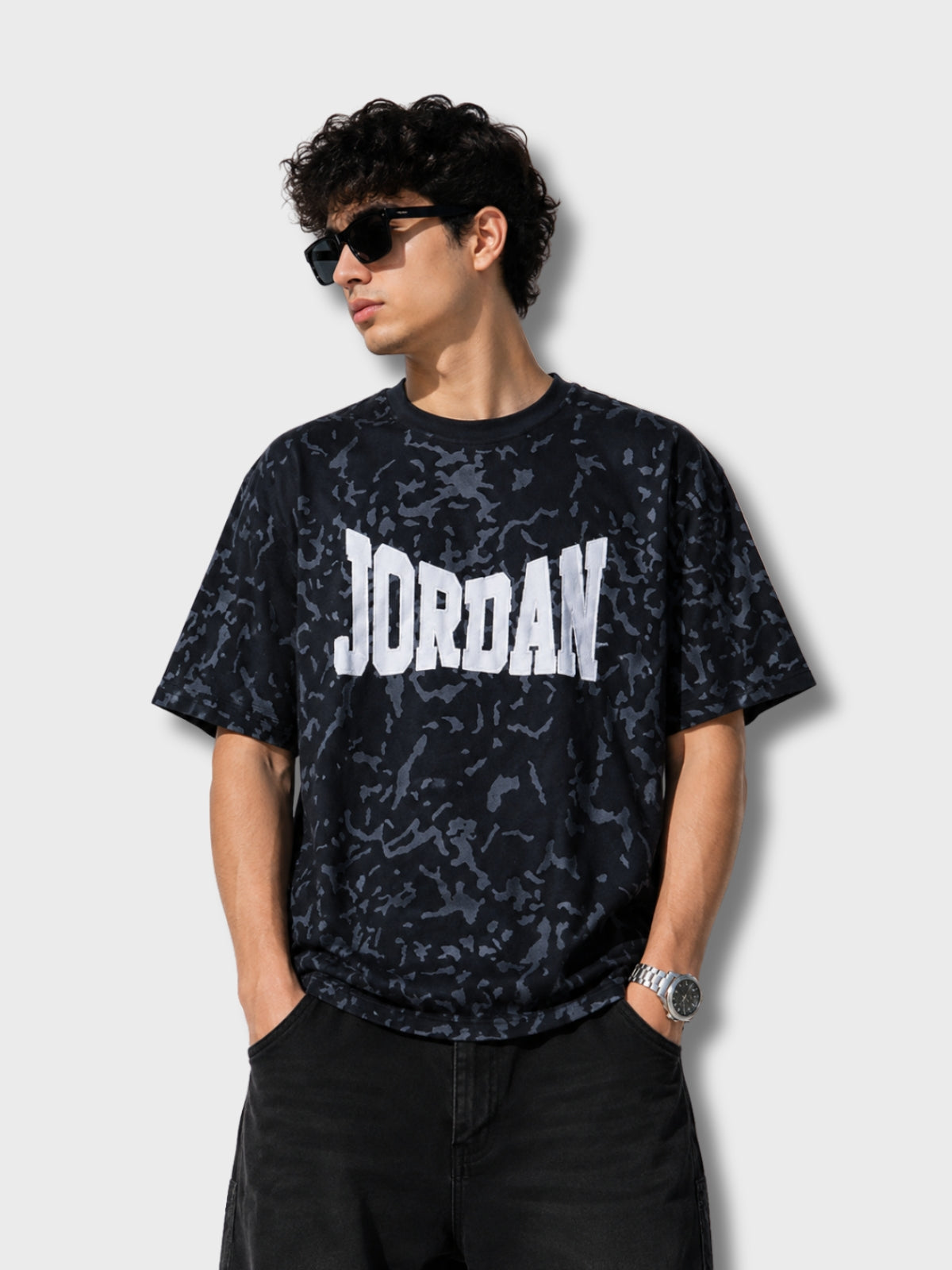 Black Tie-Dye Jordan Print Oversized T-Shirt