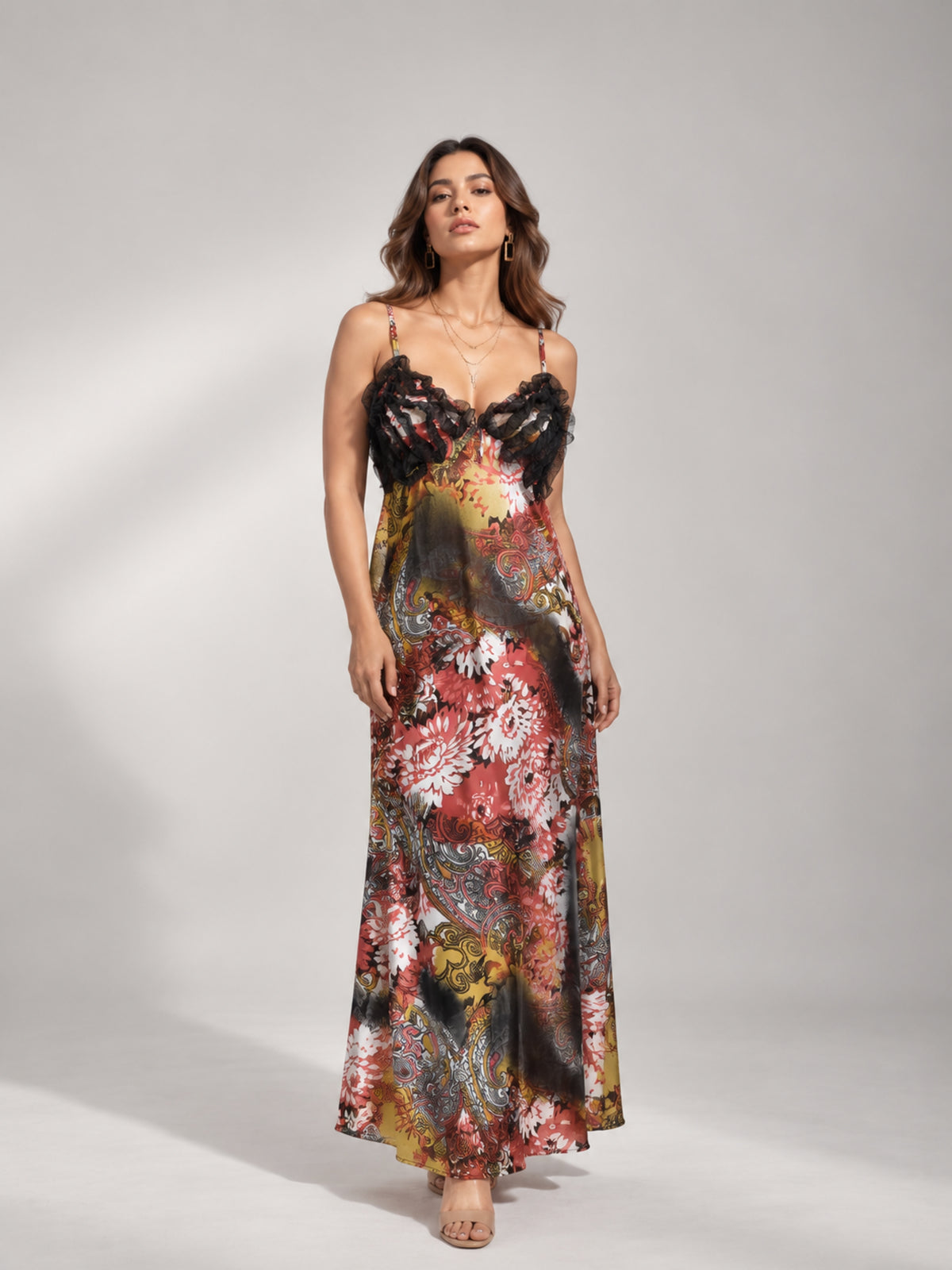 Paisley Floral Ruffle Trim Cami Maxi Dress (Mustard)