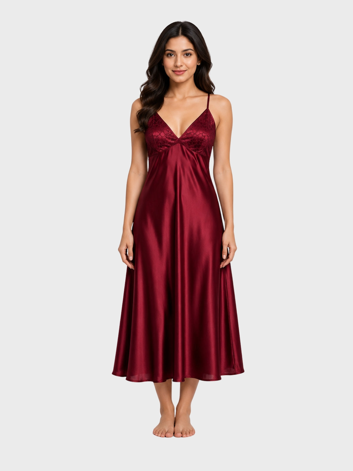 Wine Red Silk-Satin Twist Front Nightdress