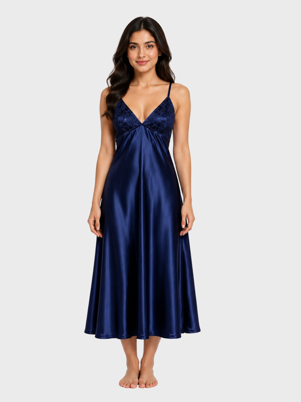 Navy Blue Silk-Satin Twist Front Nightdress