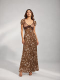 Floral Mesh Flutter Sleeve Maxi Dress (Brown)