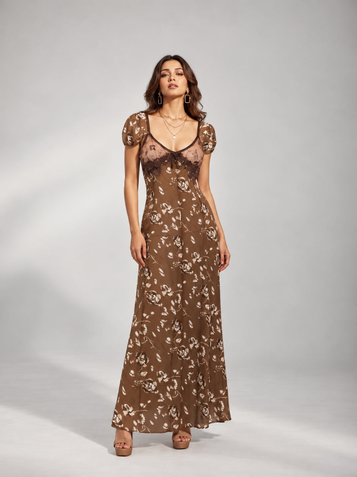 Floral Mesh Flutter Sleeve Maxi Dress (Brown)