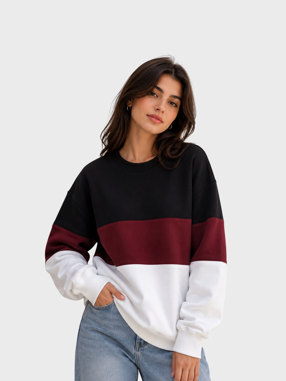 Black, Burgundy & White Colorblock Sweatshirt