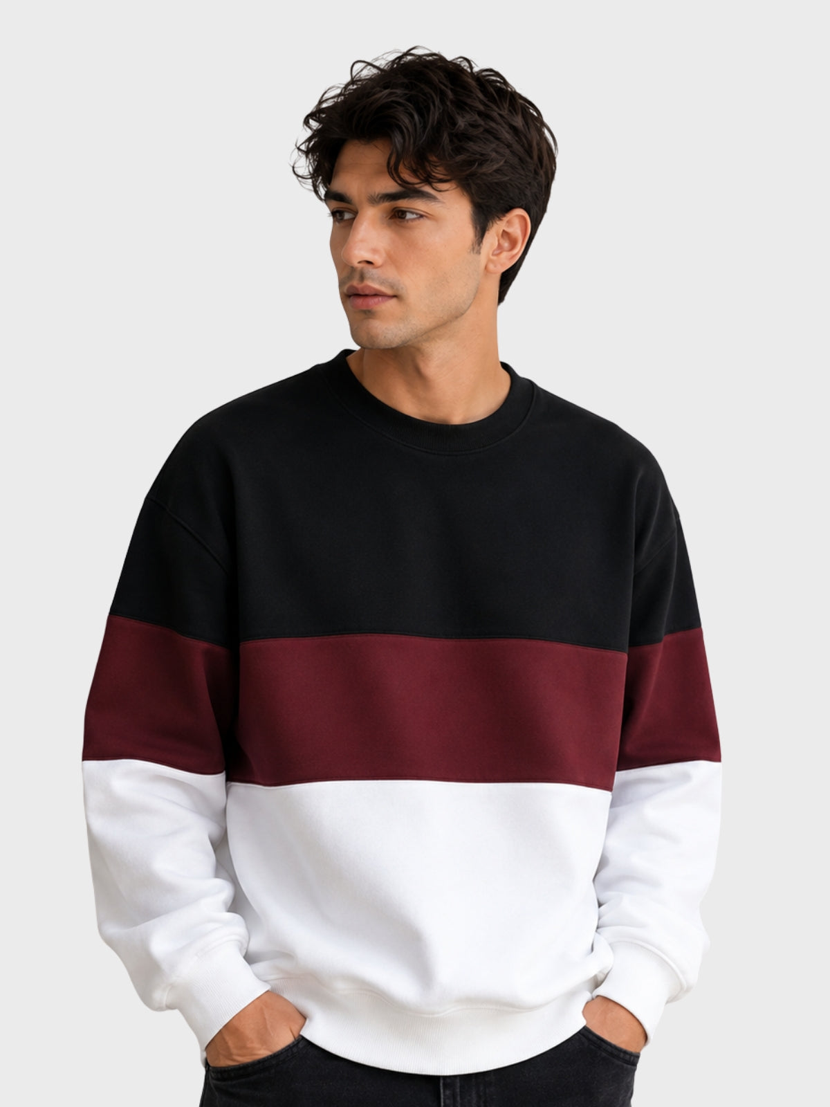 Black, Maroon & White Colorblock Sweatshirt