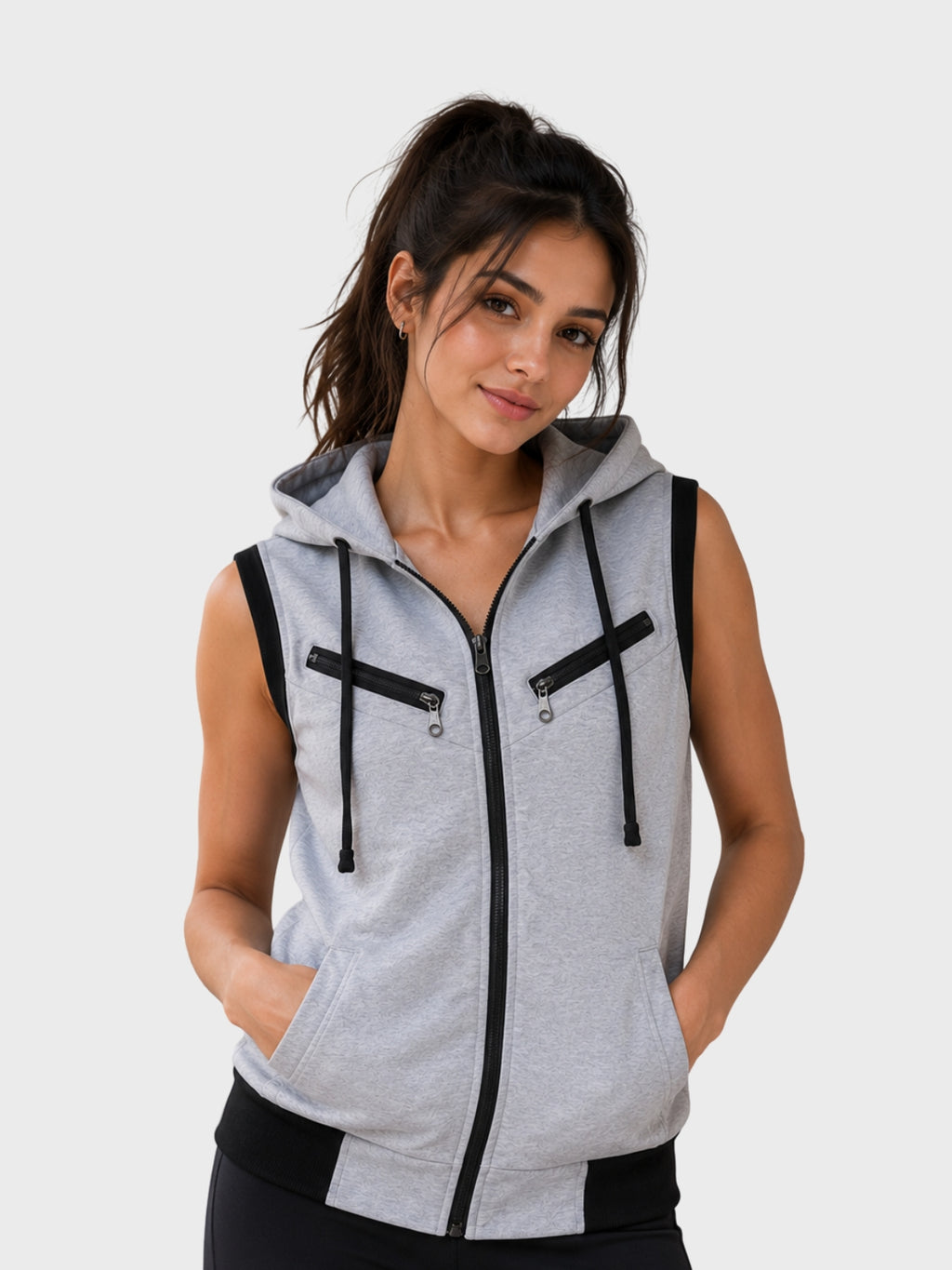 Grey & Black Zip-Up Hooded Vest