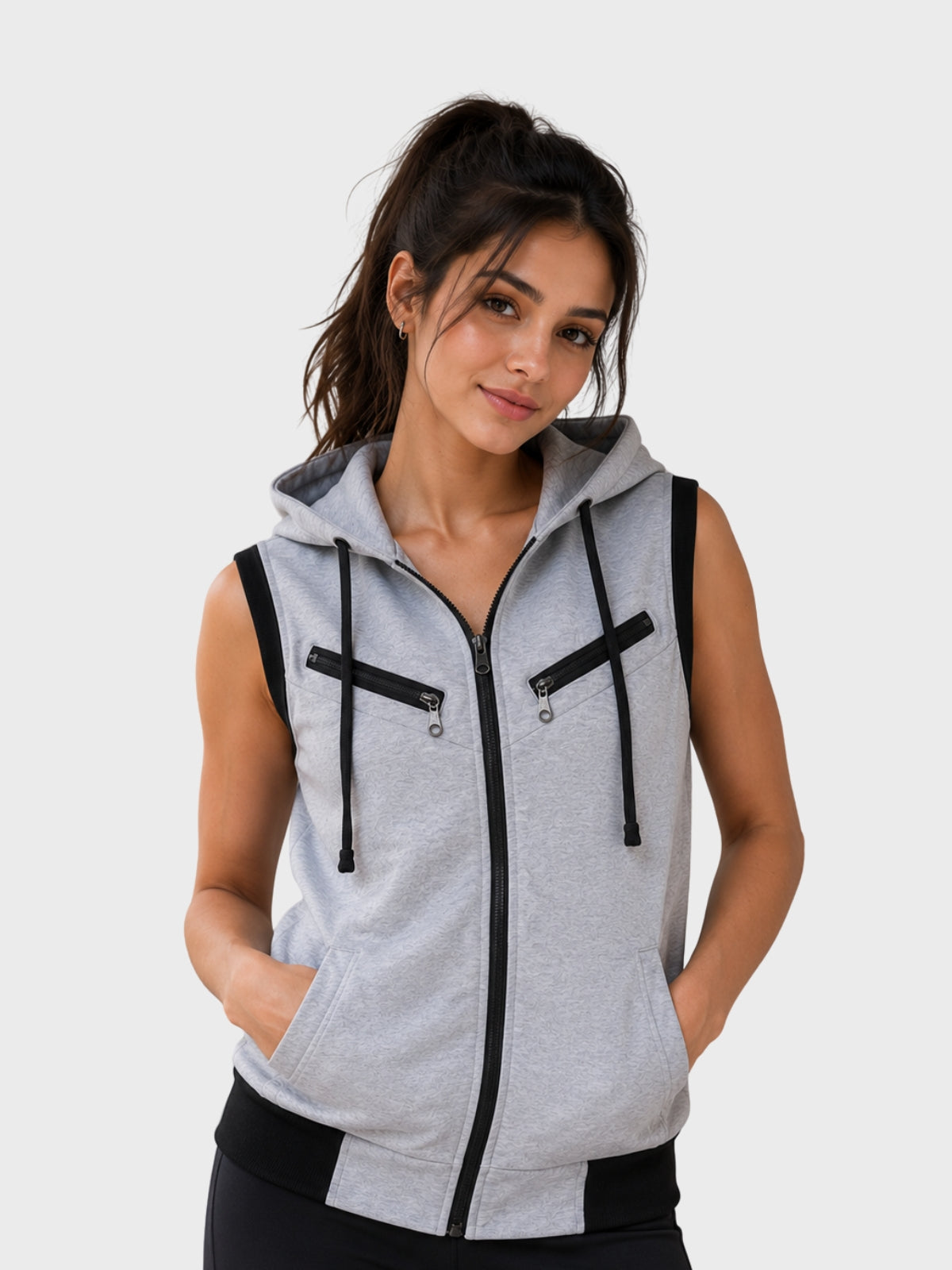 Grey & Black Zip-Up Hooded Vest