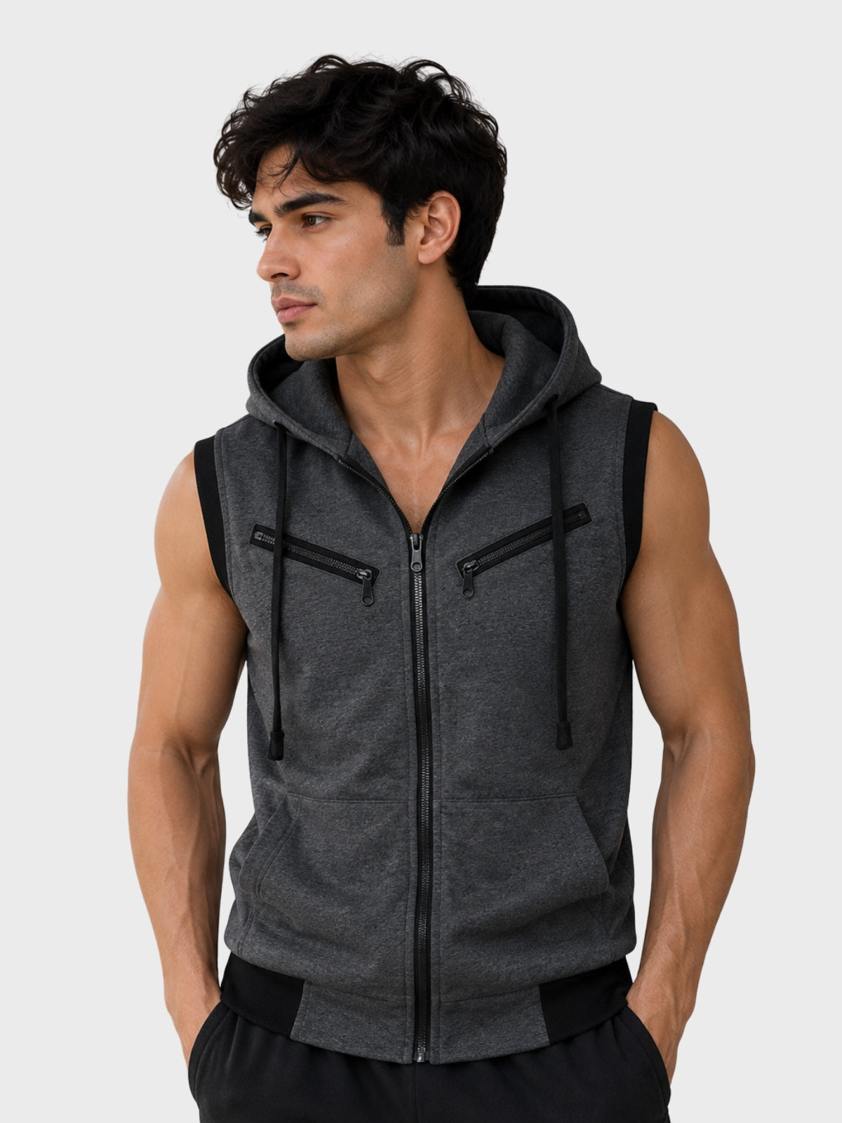 Charcoal Black Sleeveless Zip-Up Hoodie