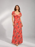 Floral Mesh Flutter Sleeve Maxi Dress (Red)