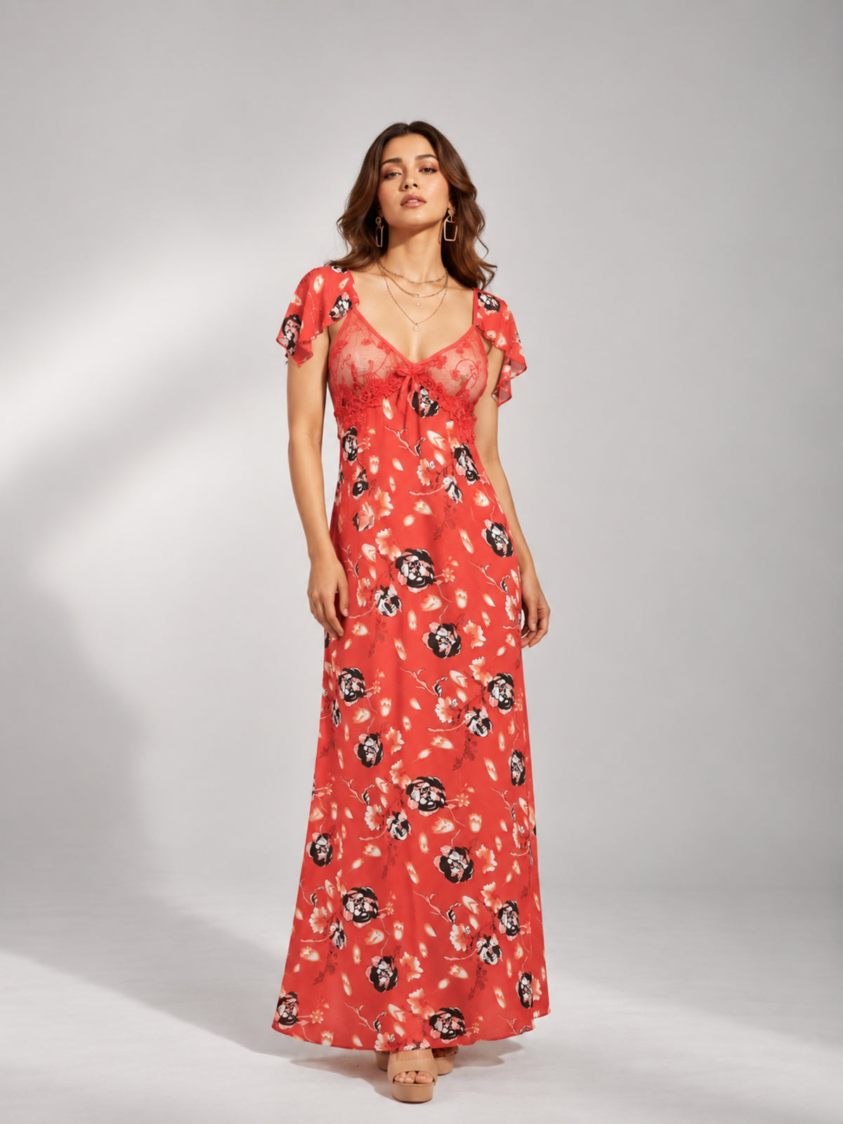 Floral Mesh Flutter Sleeve Maxi Dress (Red)