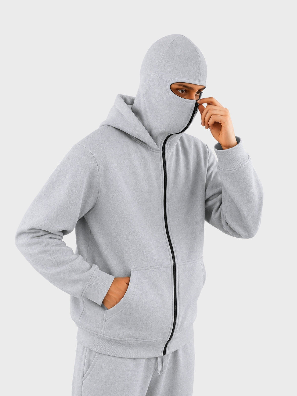 Light Grey Full-Zip Balaclava Hoodie