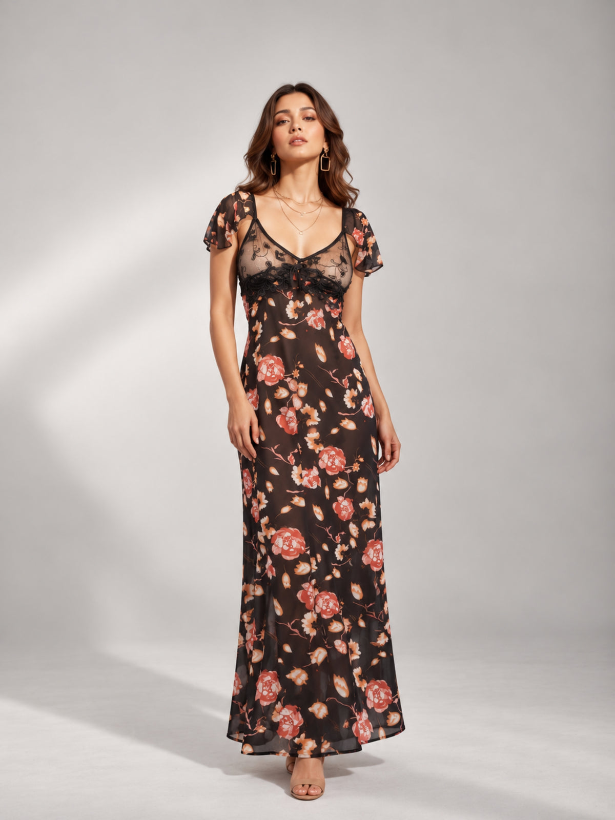 Floral Mesh Flutter Sleeve Maxi Dress (Black)