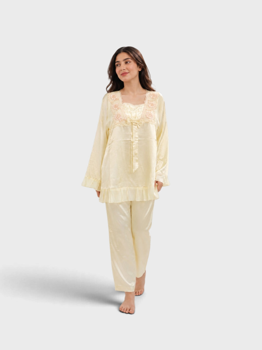 Pale Yellow Satin Embroidered Ruffle Pajama Set