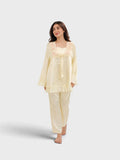 Pale Yellow Satin Embroidered Ruffle Pajama Set