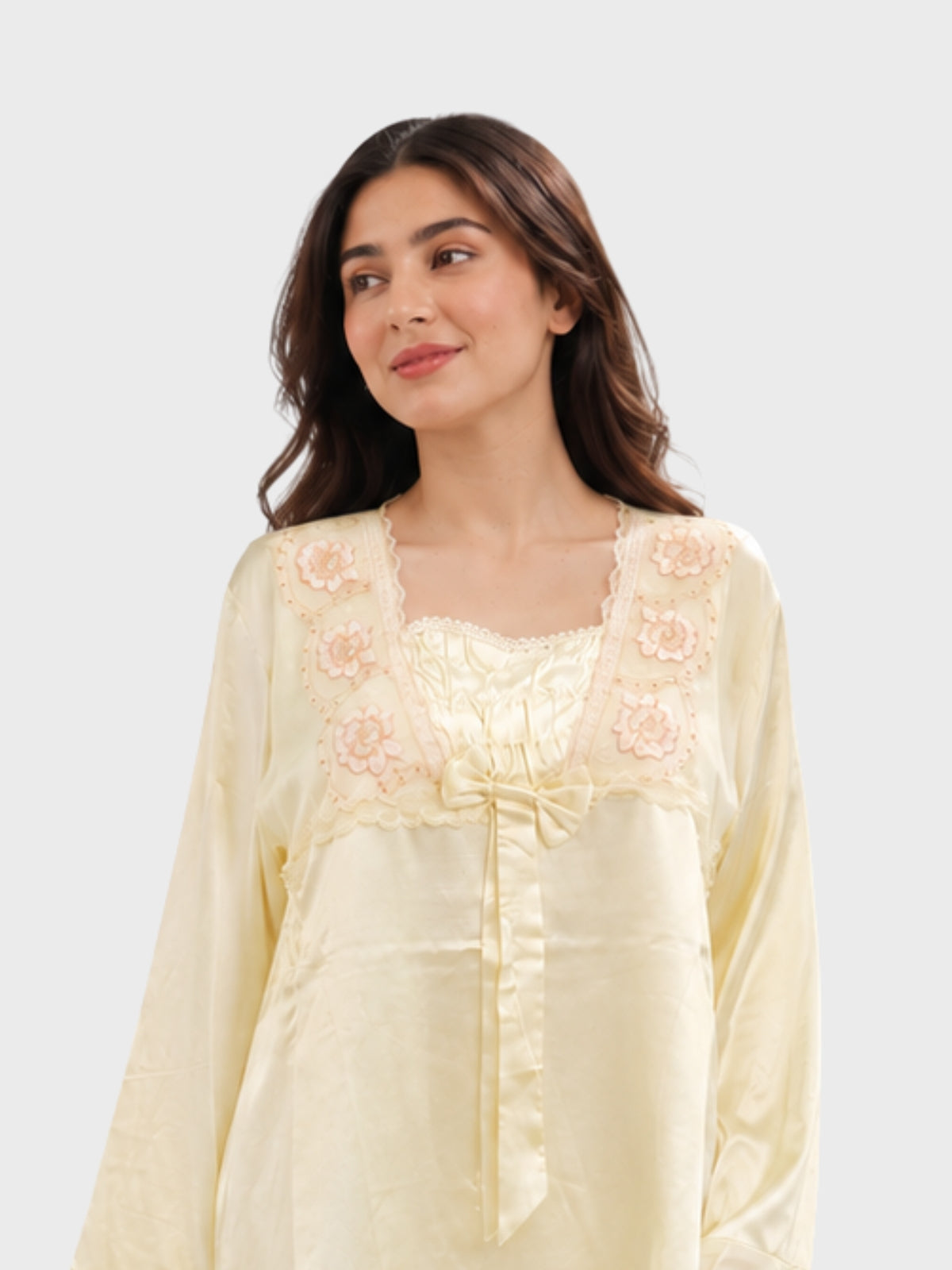 Pale Yellow Satin Embroidered Ruffle Pajama Set