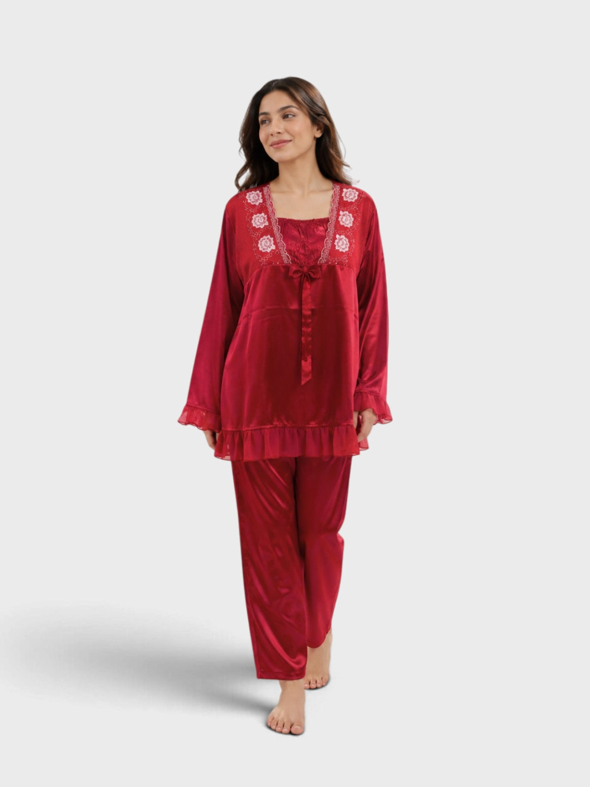 Red Satin Embroidered Ruffle Pajama Set