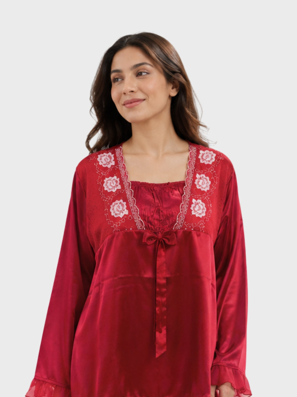 Red Satin Embroidered Ruffle Pajama Set