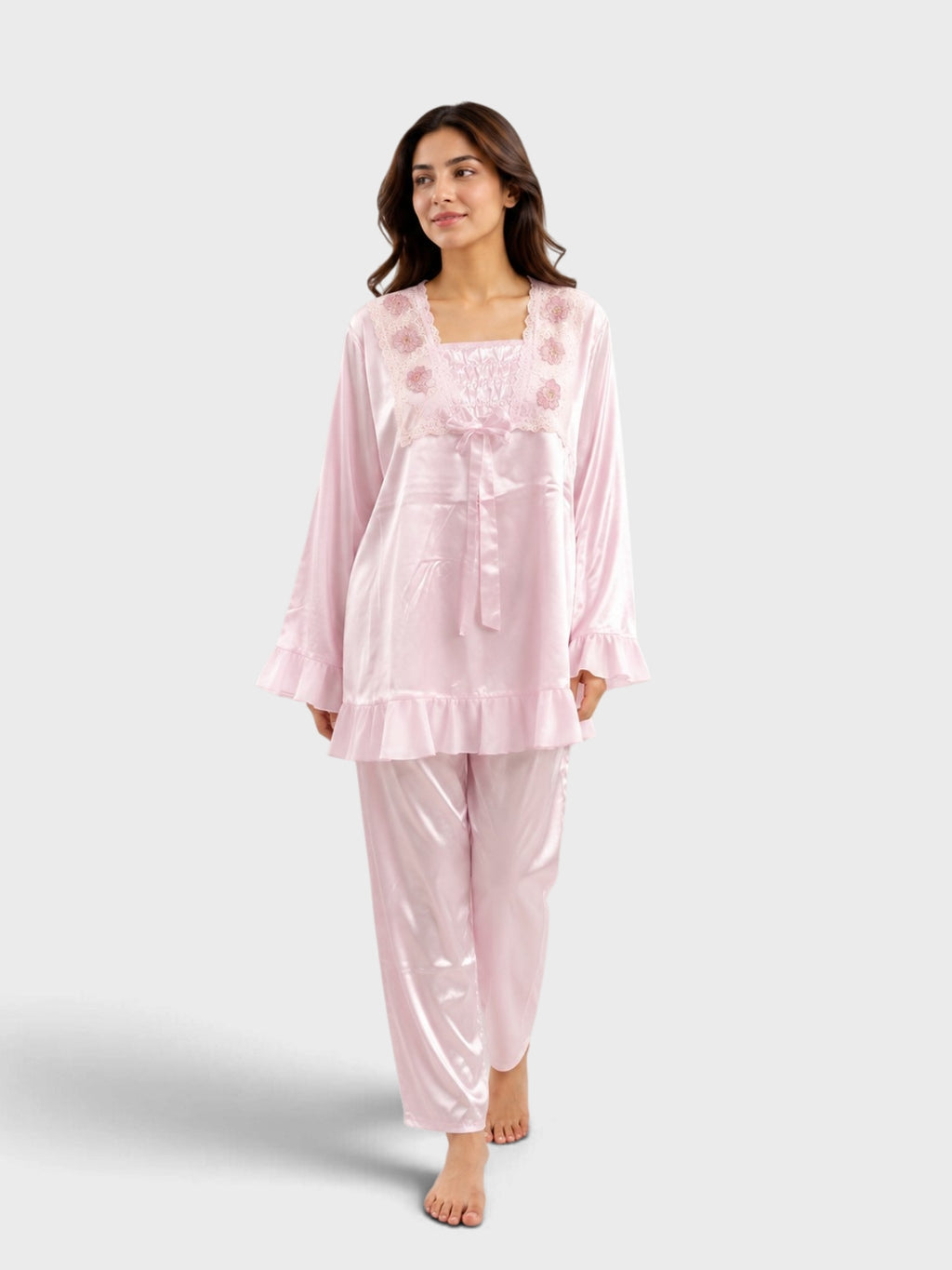 Pink Satin Embroidered Ruffle Pajama Set
