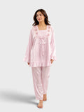 Pink Satin Embroidered Ruffle Pajama Set