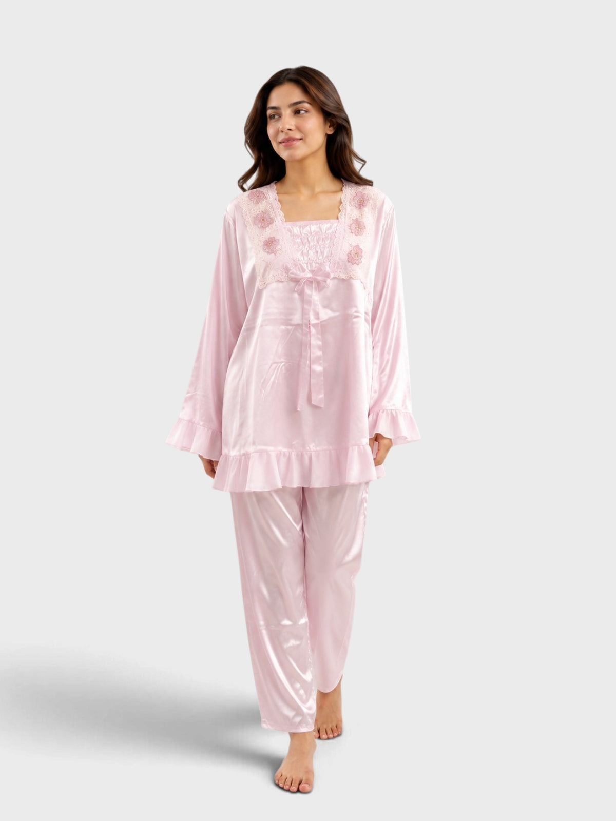 Pink Satin Embroidered Ruffle Pajama Set