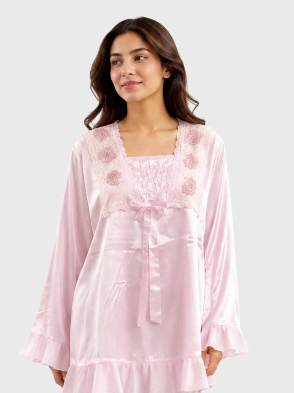 Pink Satin Embroidered Ruffle Pajama Set