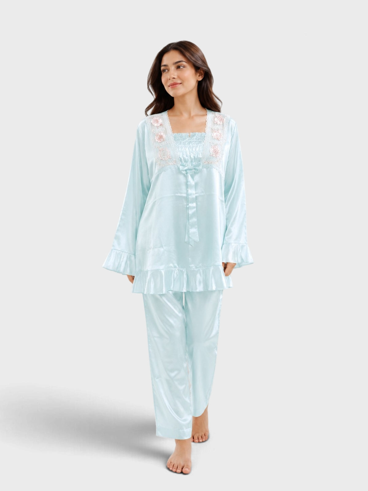 Sky Blue Satin Embroidered Ruffle Pajama Set