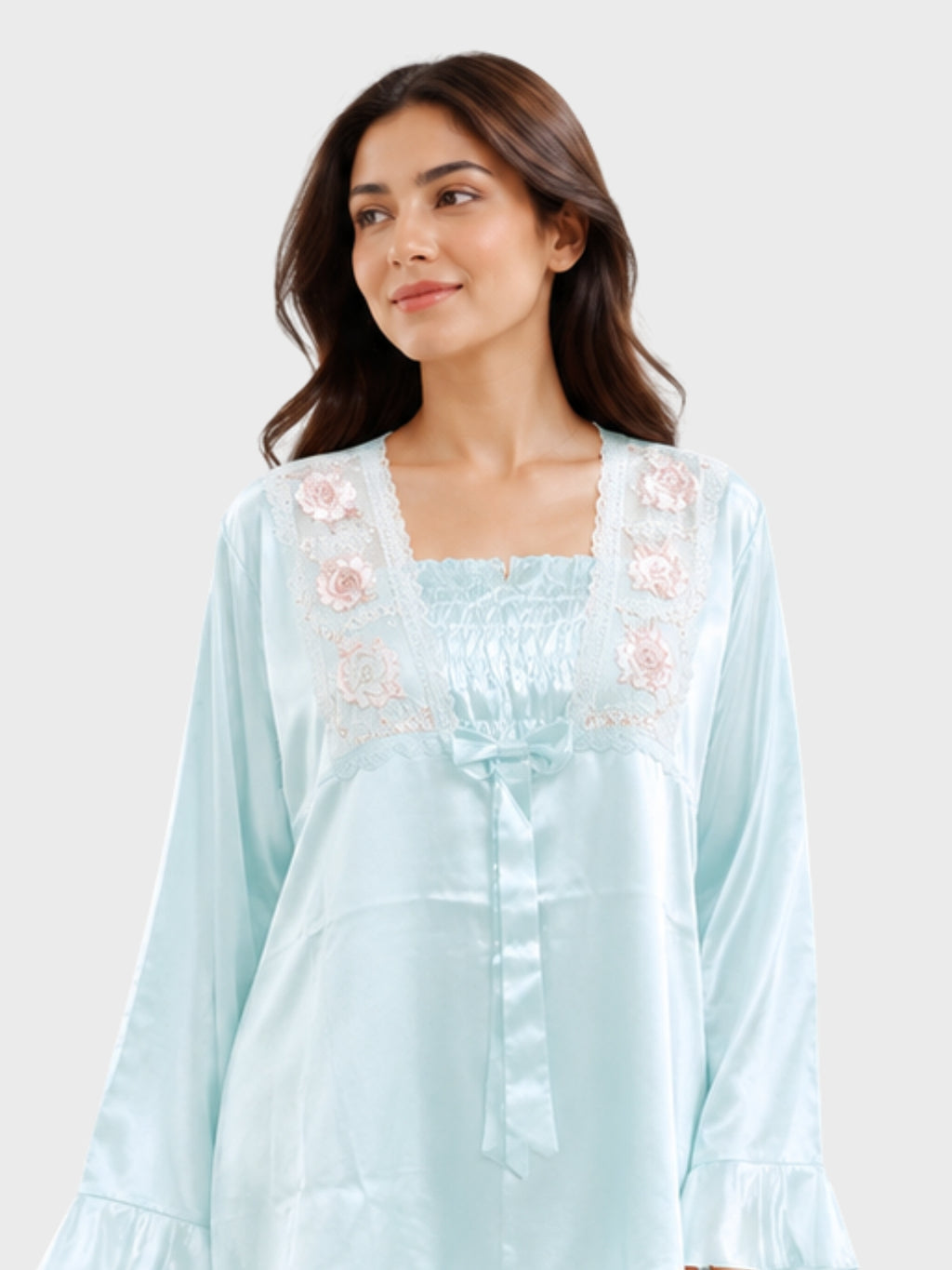 Sky Blue Satin Embroidered Ruffle Pajama Set