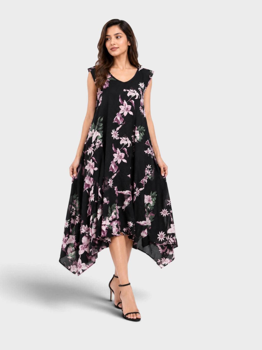Black Floral Print Handkerchief Hem Dress