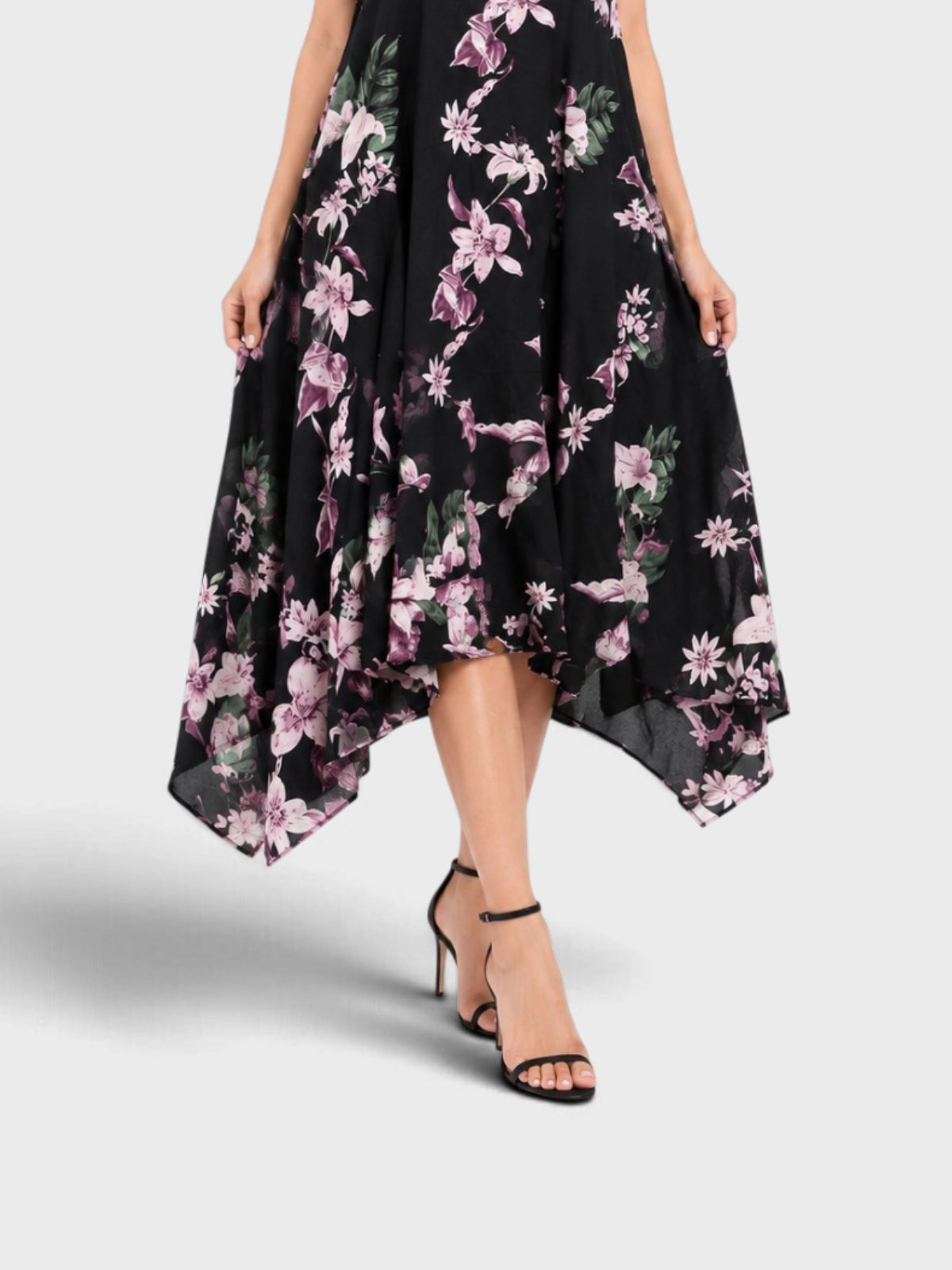 Black Floral Print Handkerchief Hem Dress