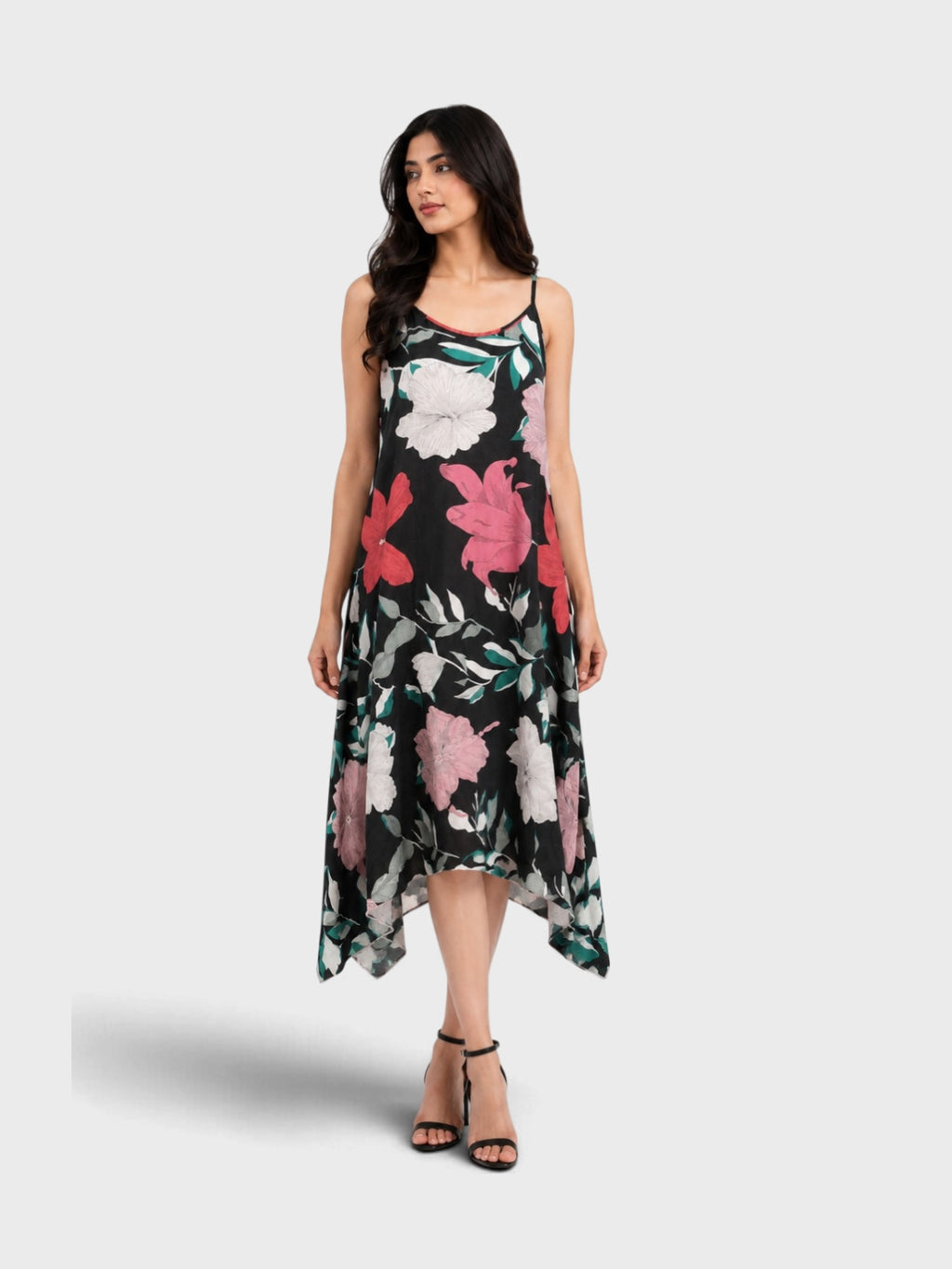 Black Floral Handkerchief Hem Slip Dress