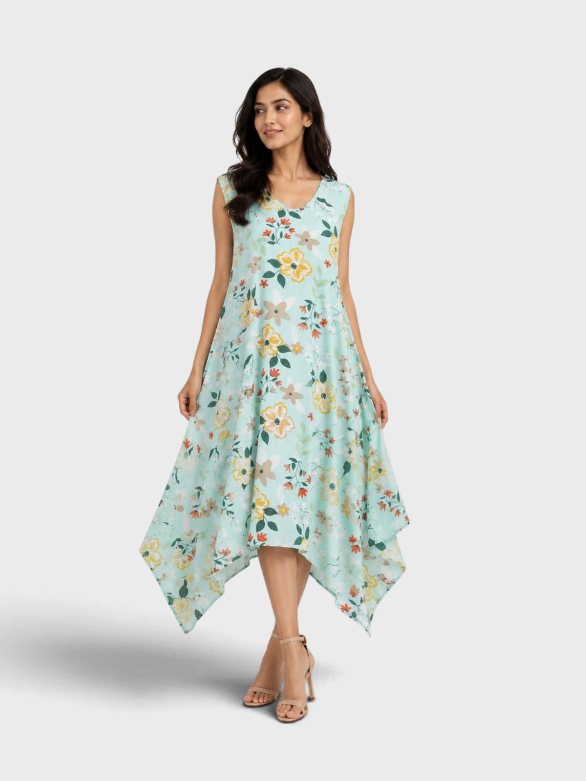 Mint Green Floral Handkerchief Hem Dress