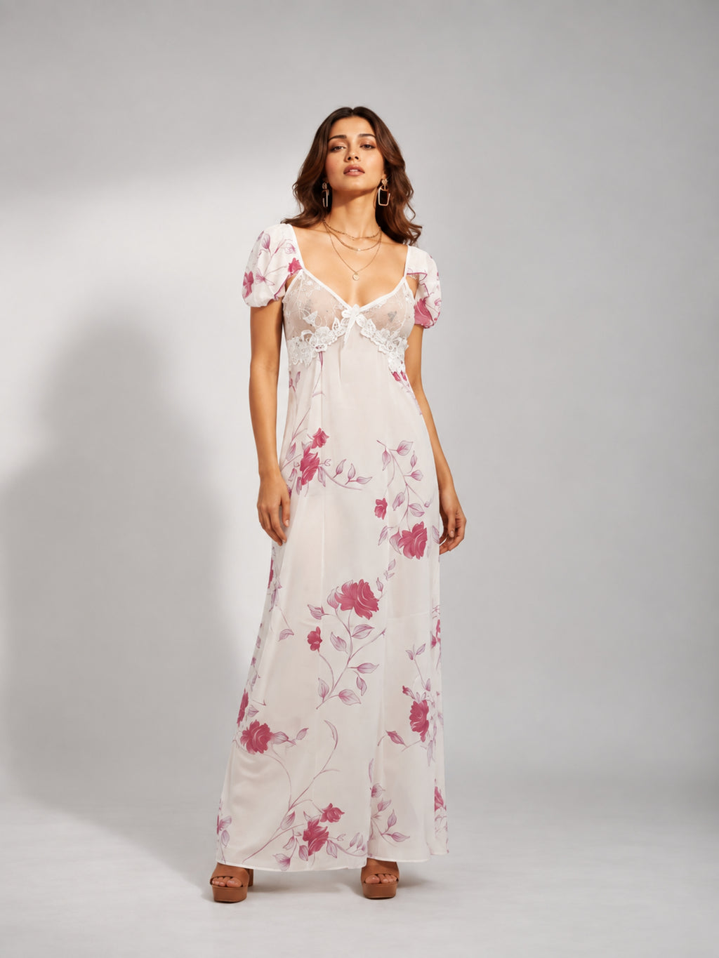 Floral Mesh Flutter Sleeve Maxi Dress (Magenta)