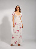 Floral Mesh Flutter Sleeve Maxi Dress (Magenta)