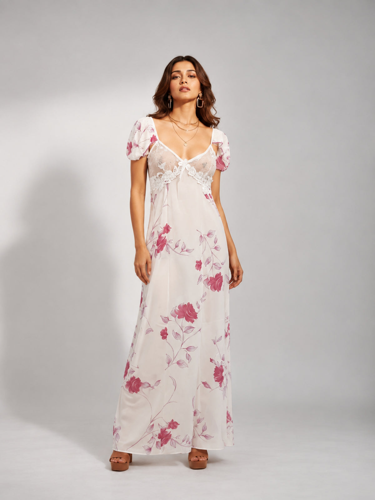 Floral Mesh Flutter Sleeve Maxi Dress (Magenta)