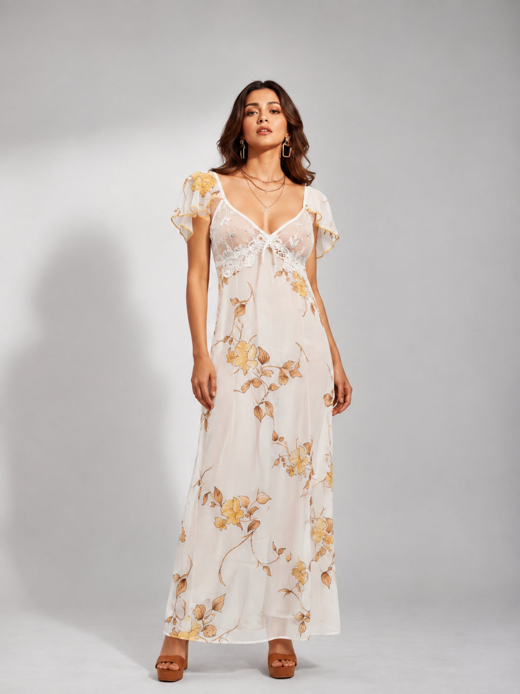 Floral Mesh Flutter Sleeve Maxi Dress (Yellow)