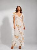 Floral Mesh Flutter Sleeve Maxi Dress (Yellow)
