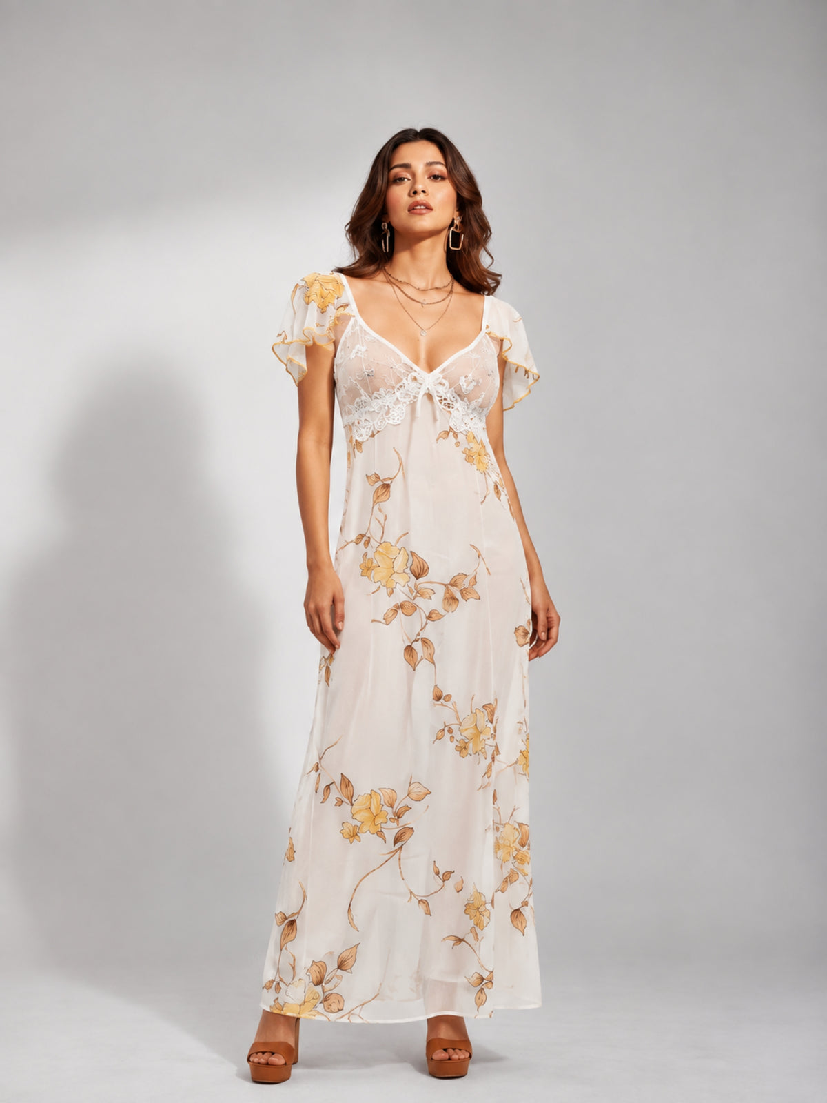 Floral Mesh Flutter Sleeve Maxi Dress (Yellow)