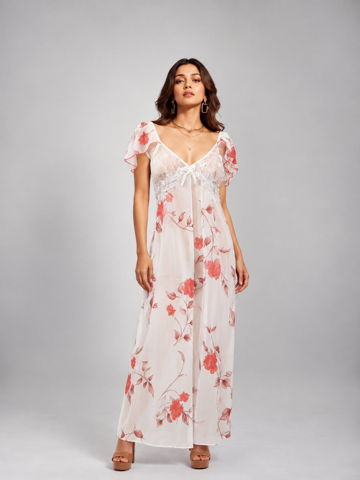 Floral Mesh Flutter Sleeve Maxi Dress (Coral)
