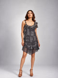 Tribal Print Ruffle Trim Mini Dress (Grey)