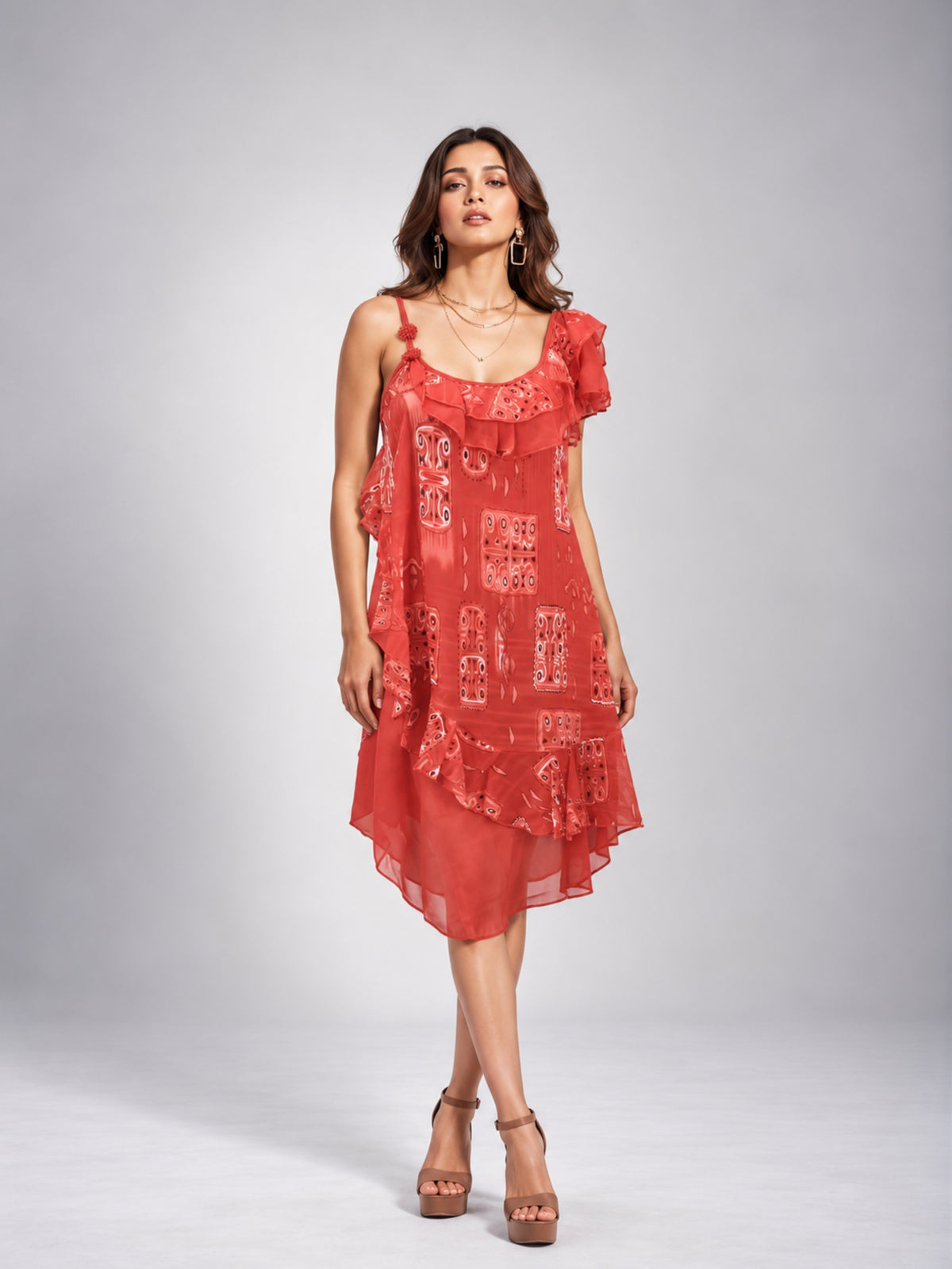 Tribal Print Ruffle Trim Mini Dress Set (Red)