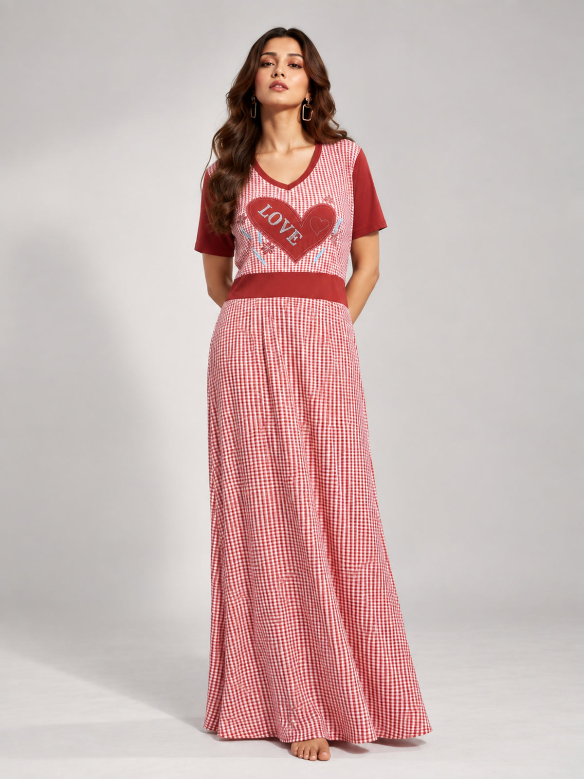Love Heart Gingham Maxi Dress (Dusty Rose)